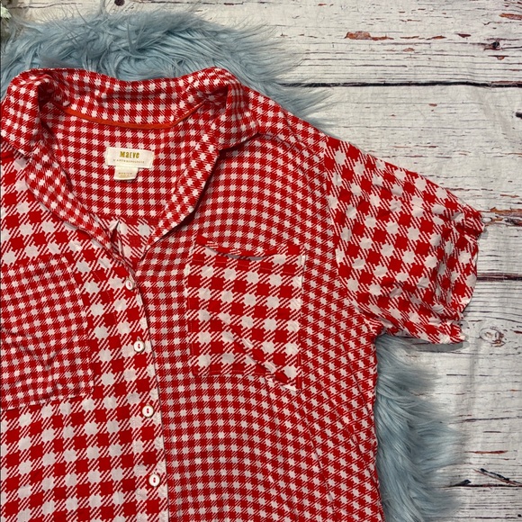 Maeve Anthropologie red and white gingham short-sleeve button-up top - Picture 4 of 7
